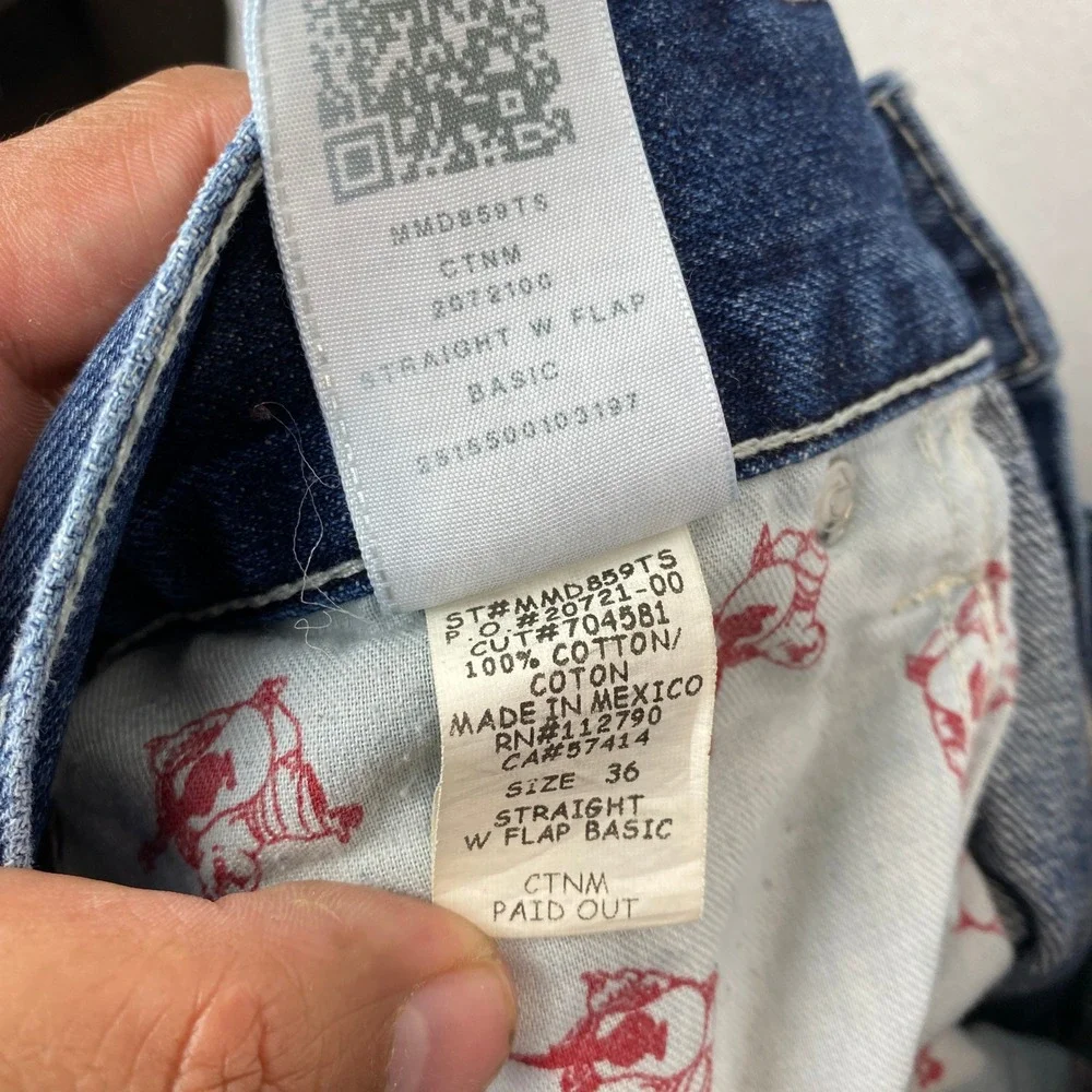 True Religion Straight W Flap Basic Mens 36 Blue Denim Jeans Contrast Stitching